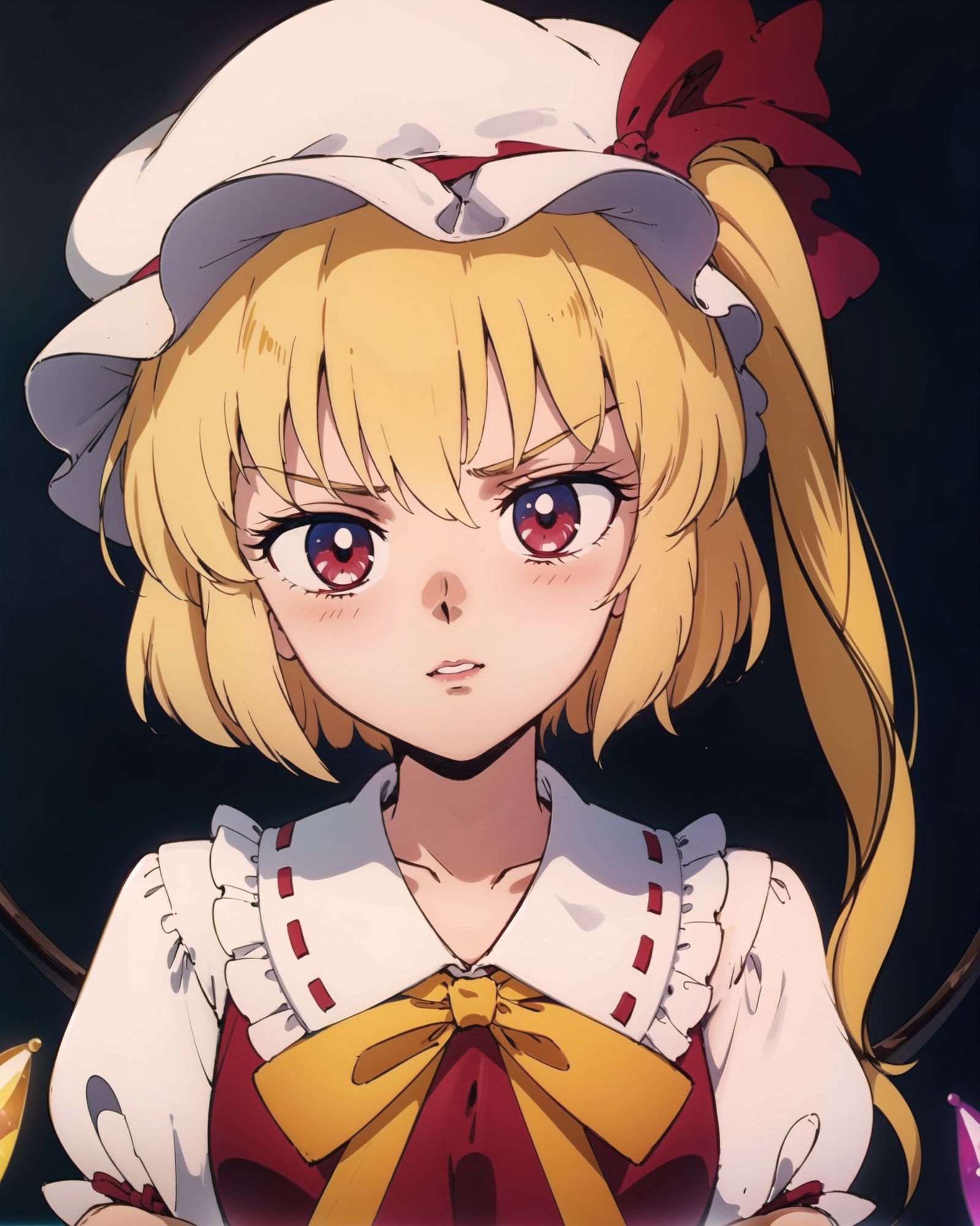 00305-2422522821-,1girl,flandre scarlet, mob cap, side ponytail, bowtie, grey background, , masterpiece, best quality,.png